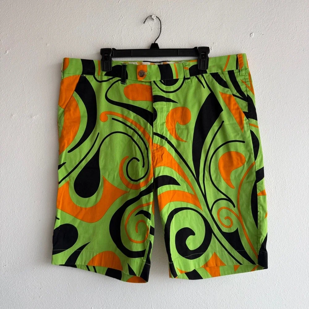 Loudmouth Golf Mens Shorts Size 40 Lime Green Orange Psychedelic Swirl Pattern